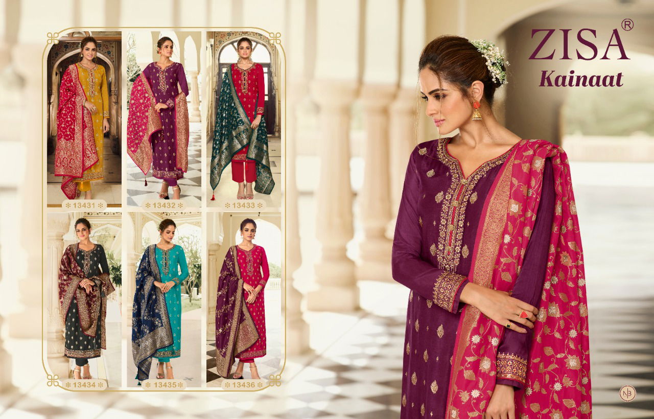 Kainaat By Zisa Dola Jacquard Embroidery Designer Salwar Suits Wholesale Online
